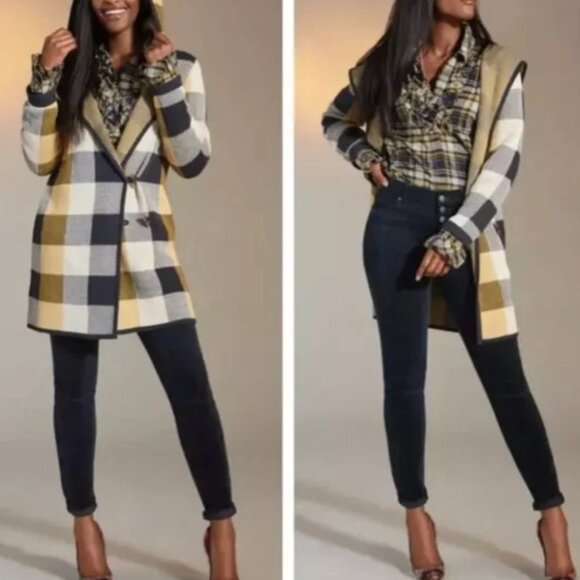 CABI 4229 Hooded Navy Yellow White Plaid Sweater Coat size small - Picture 1 of 7